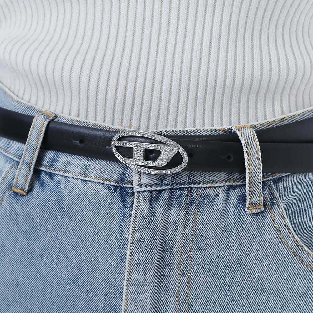 ディーゼルベルト　B-1dr Strass 値下げ B-1DR STRASS 4cm Leather belt with crystal buckle｜ブラック