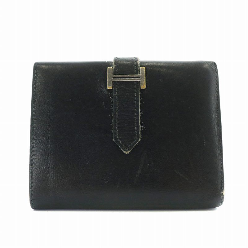 エルメス HERMES ベアンコンパクト 財布 二つ折り ボックスカーフ レザー Hロゴ シルバー金具 黒 ブラック /XZ GY17