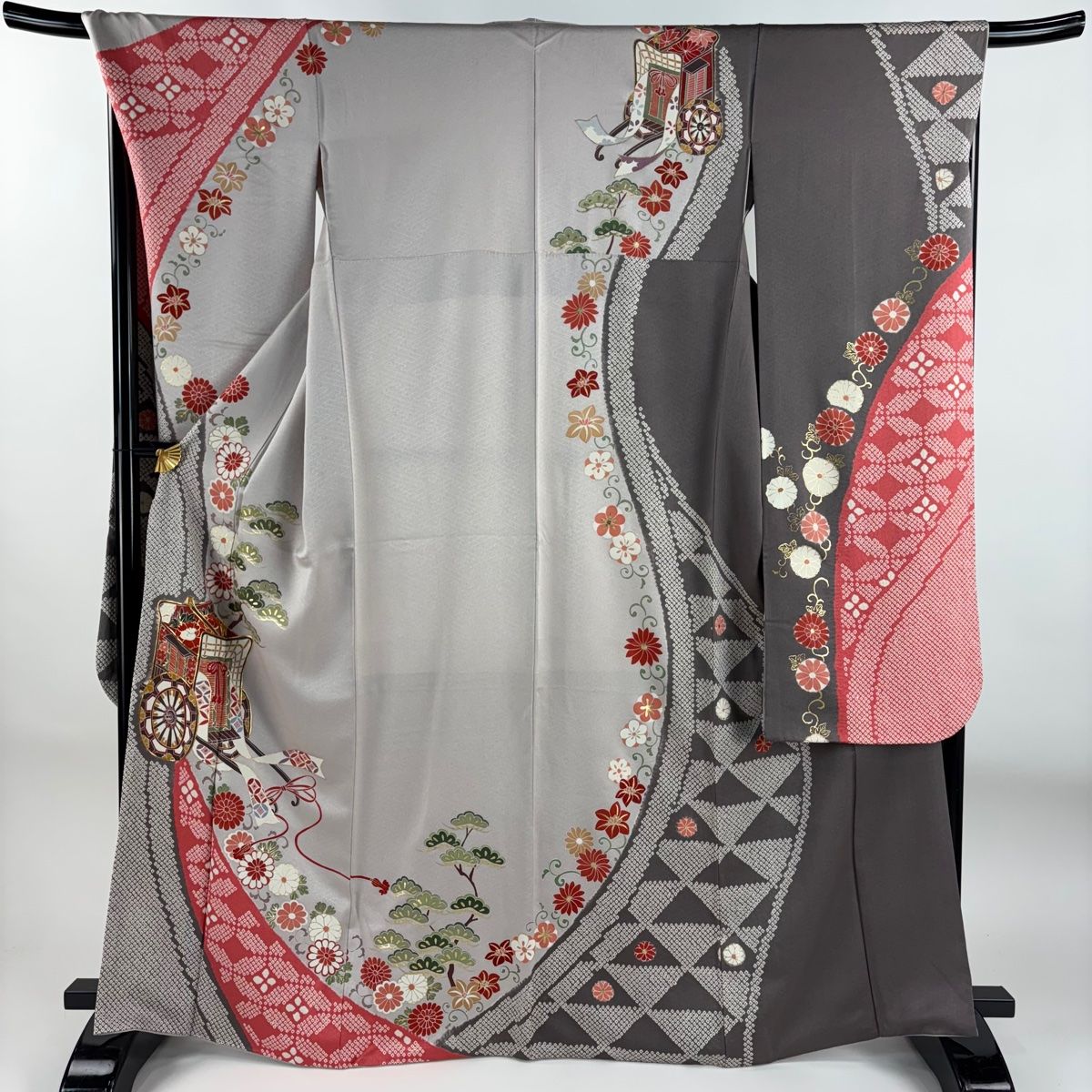 振袖 身丈166cm 裄丈68.5cm L 袷 御所車 松 金彩 金糸 灰紫 正絹 秀品