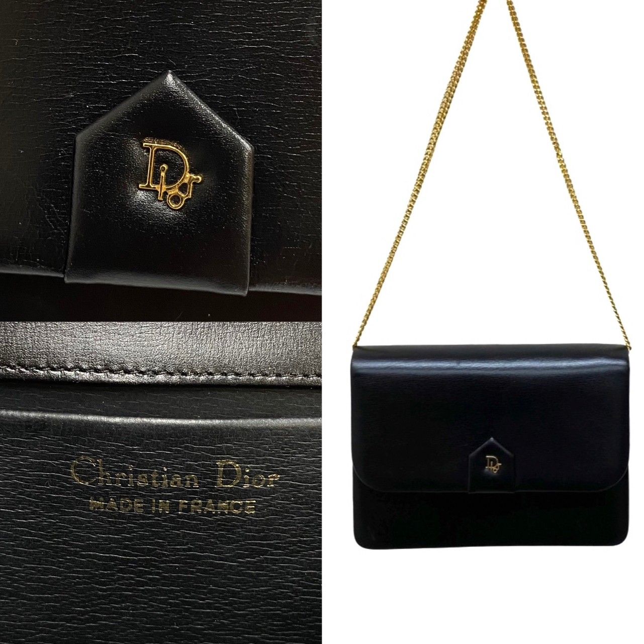 極 美品 Christian Dior ディオール ロゴ 金具 レザー 本革 チェーン 2way ハンドバッグ ミニ ショルダーバッグ ブラック 黒  21728