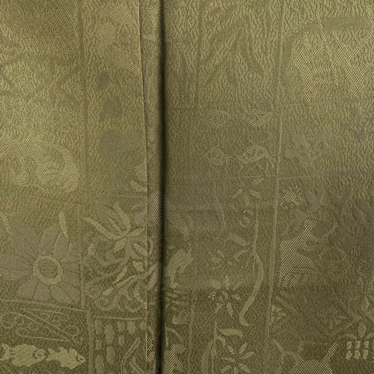 色無地 身丈163.5cm 裄丈66cm M 袷 前田仁仙 落款 地紋 茶緑色 正絹  