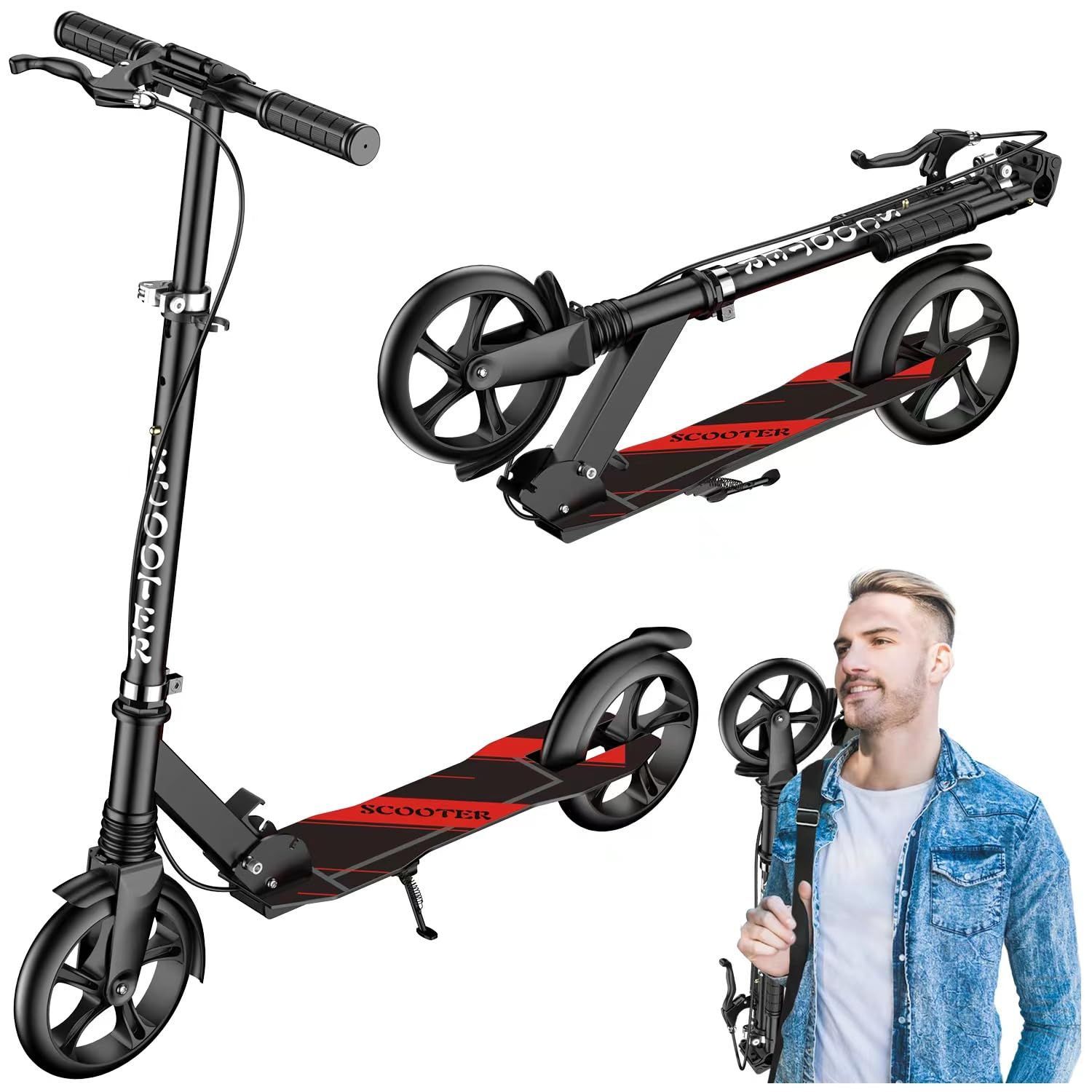 立ち乗り式二輪車 8インチホイール 4段階高さ調節 耐荷重200kg フット/ハンドブレーキ 肩ベルト付き 折りたたみ式 持ち運び便利 大人用 子供 クリスマスプレゼント/誕生日プレゼント/子供日 