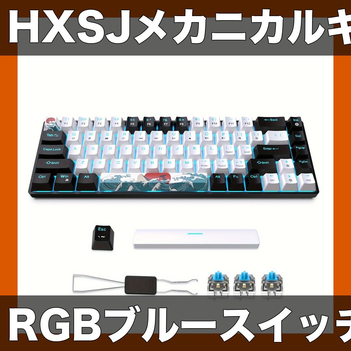 【RGBバックライト＆ブルースイッチ】HXSJ 68キー メカニカルゲーミングキーボード 有線 USB Type-C接続 Windows/Mac対応 人間工学設計 取り外し可能ケーブル＆キーキャッププーラー付【ブラックホ