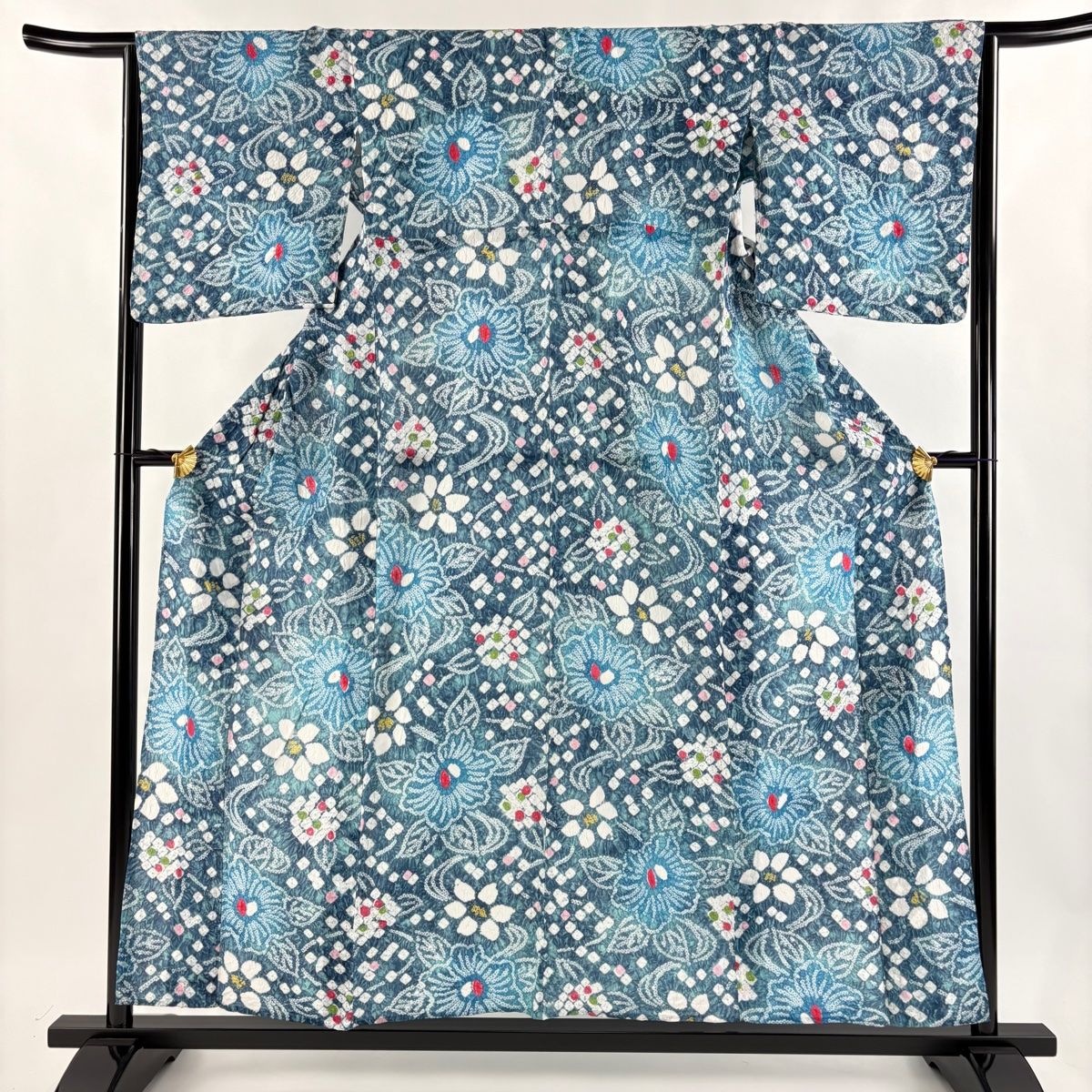 浴衣 身丈155cm 裄丈65cm M 絞り浴衣 草花 幾何学 青緑 綿 名品