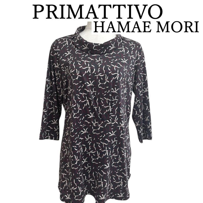 PRIMATTIVO　HAMAE MORI　ハナエモリ プリマ ティーボ　ストレッチ　リボンプリントカットソー　襟付き　冷感　7分袖　グレー PRIMATTIVO HAMAE MORI ハナエモリ プリマ ティーボ レディース