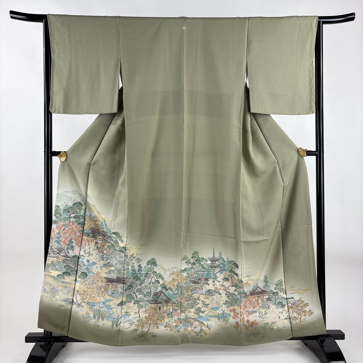 色留袖 身丈160cm 裄丈64cm M 袷 風景 松竹梅図 灰緑 正絹 秀品 一つ紋