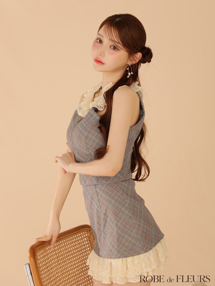 robe de fleurs チェック柄刺繍レースフレアミニキャバドレス