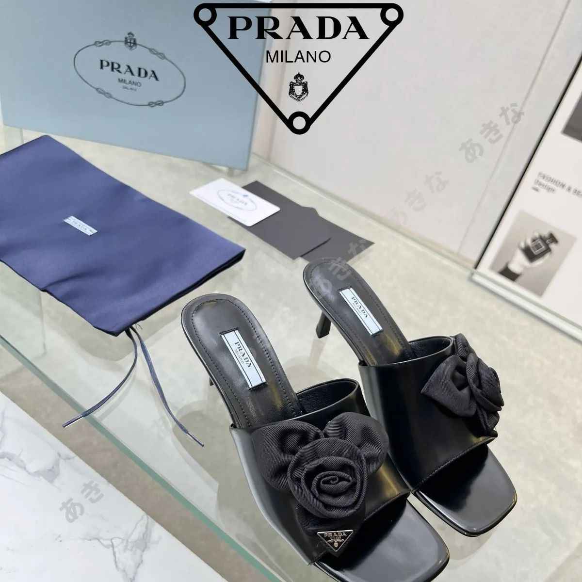 Prada レディースハイヒール バラの花のサンダル ブラック