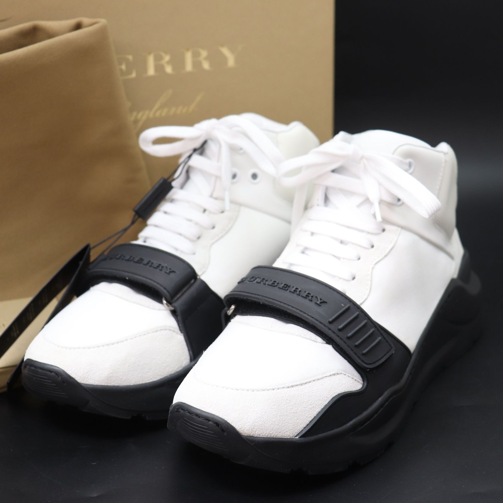 ITB6PO5UNXJ6 未使用保管品 BURBERRY バーバリー ランウェイ スニーカー ハイカット 甲ベルト 白/黒 ホワイト ブラック 26.5cm サイズ 41 付属品：箱/保存袋