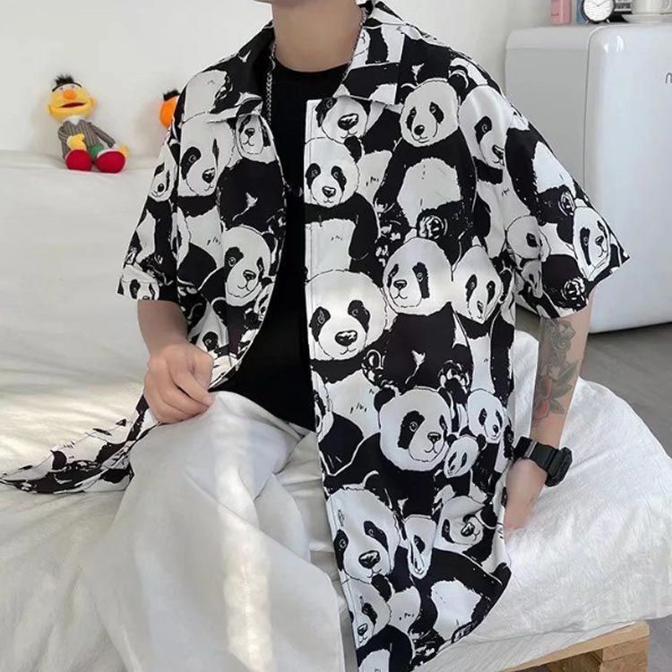 開襟 パンダ柄 アロハシャツ 総柄 カジュアル ゆったり 半袖