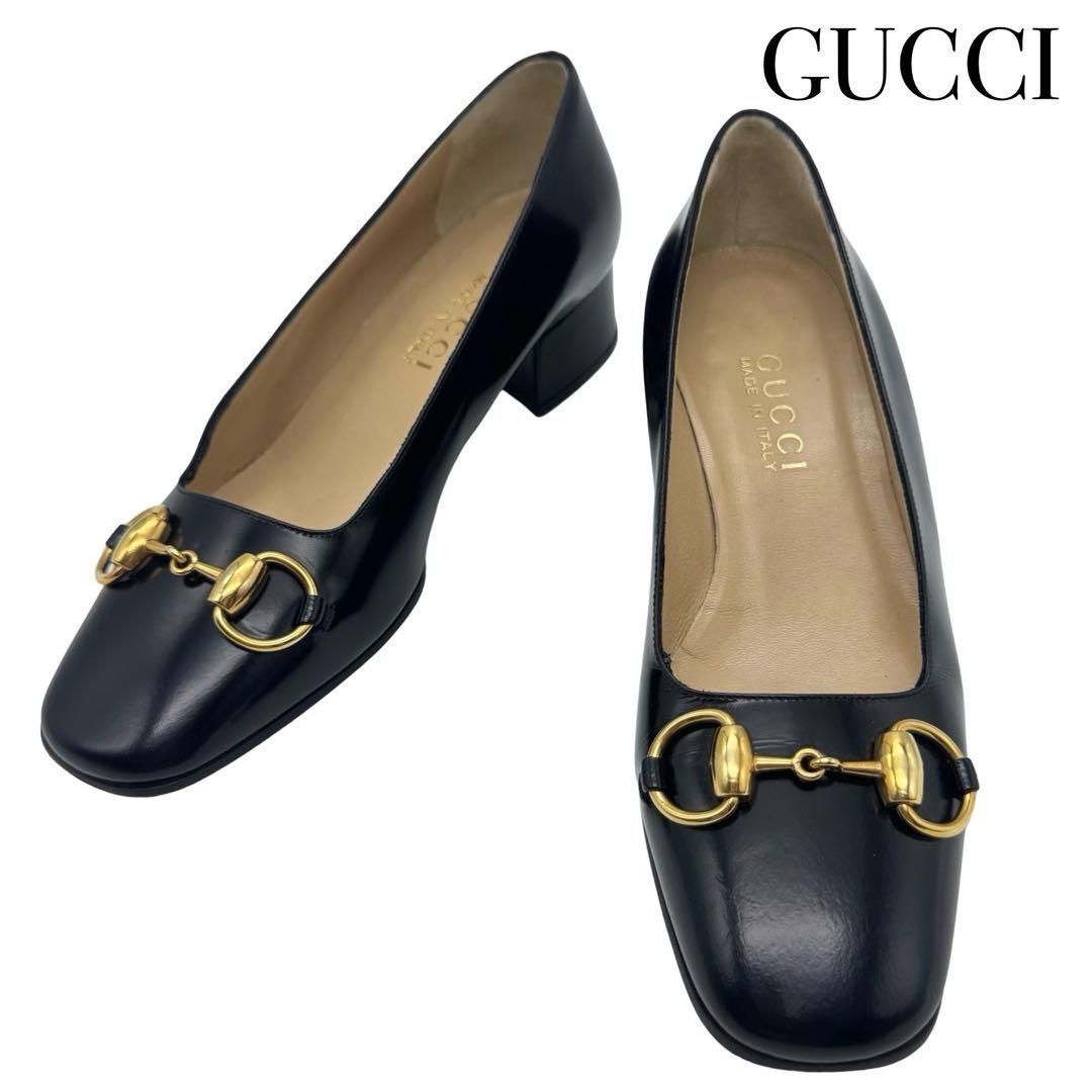 GUCCI グッチ ホースビット レザー パンプス 太ヒール ブラック ゴールド金具 表記35 約22cm MADE IN ITALY レディース ビジネス