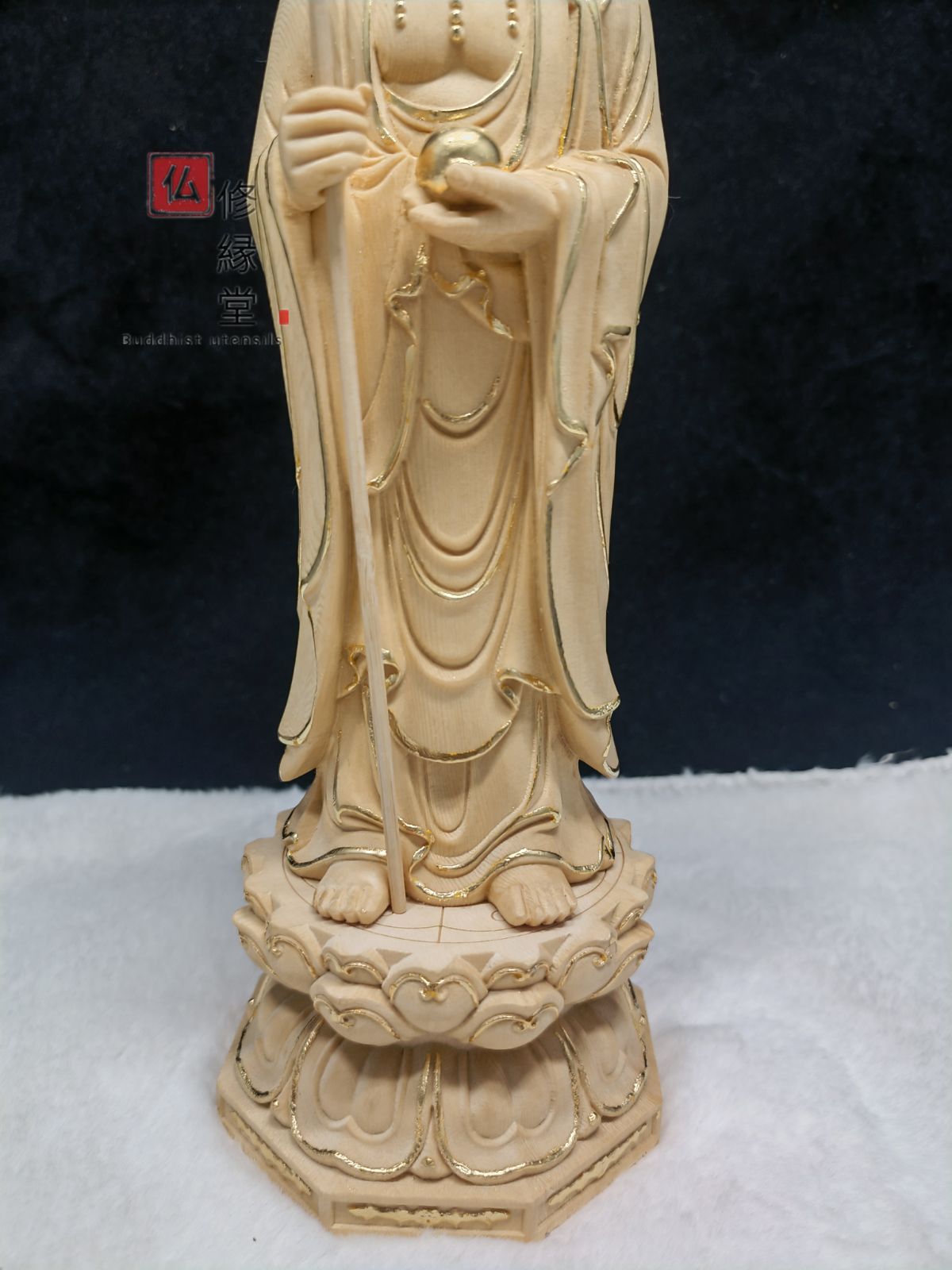 修縁堂】木彫り 仏像 地蔵王菩薩立像 彫刻 本金 切金 一刀彫 天然木檜 