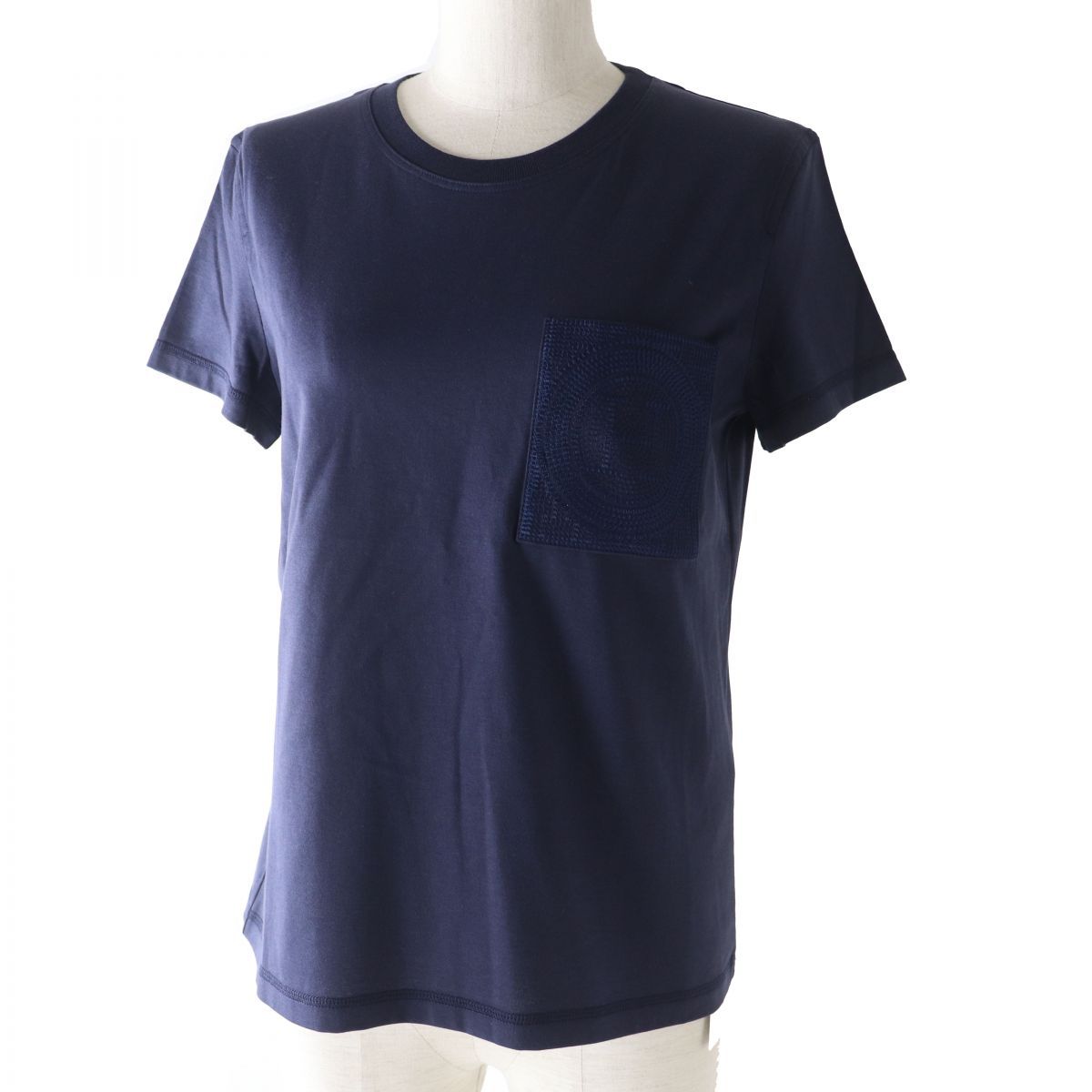 美品☆HERMES エルメス 23SS 3E4620DL コットン100％ H刺繍ポケット 半袖Ｔシャツ トップス ブルー系 38 フランス製 レディース HERMES - 美品☆HERMES エルメス 23SS 3E4620DL コットン100％ H