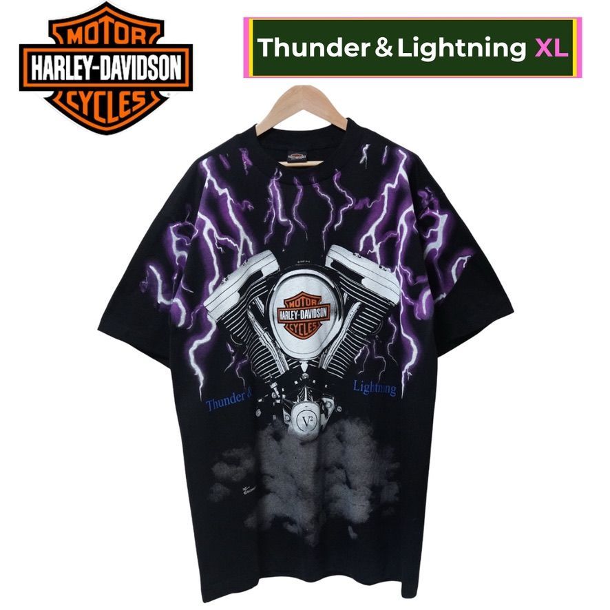 '90sハーレーダビッドソン 稲妻柄 Tシングルステッチ USA L オレンジ ハーレーダビッドソン Tシャツ Lサイズ ブラック USA製 90s タグ