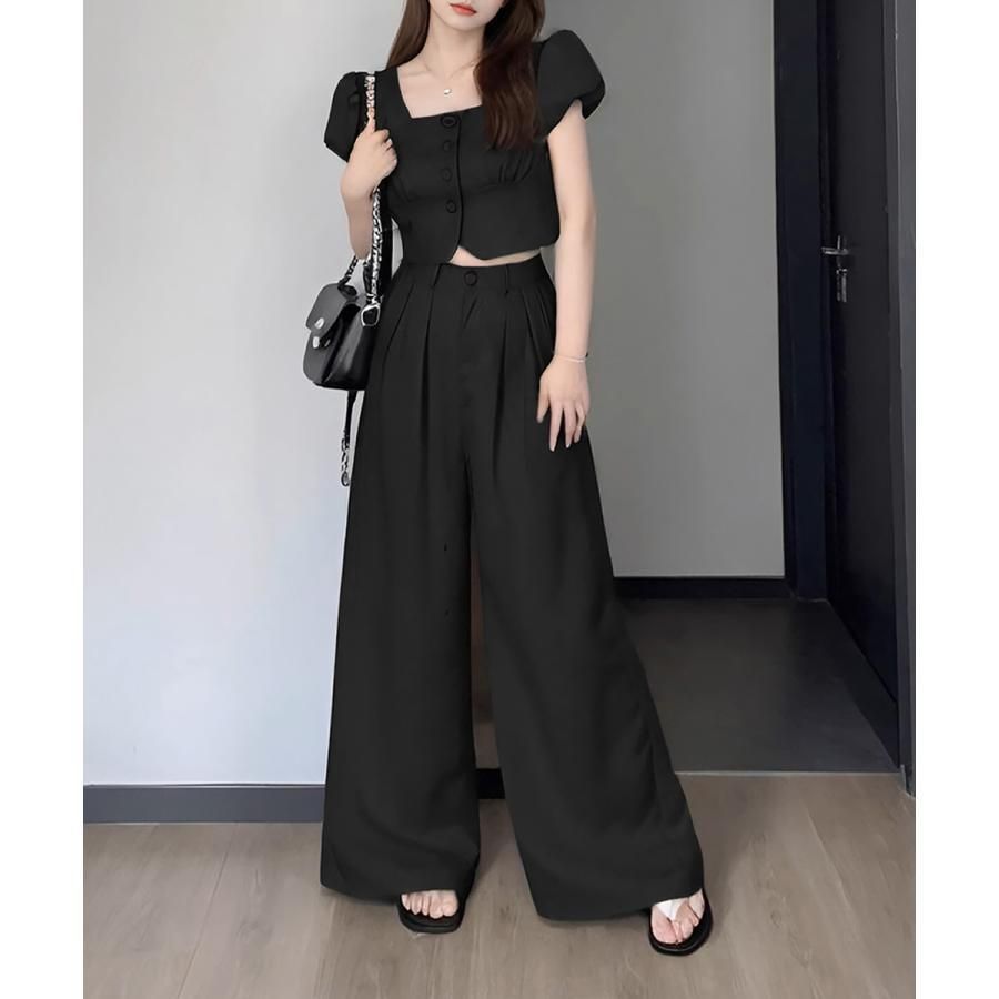 セットアップ春夏半袖トップスワイドパンツ
