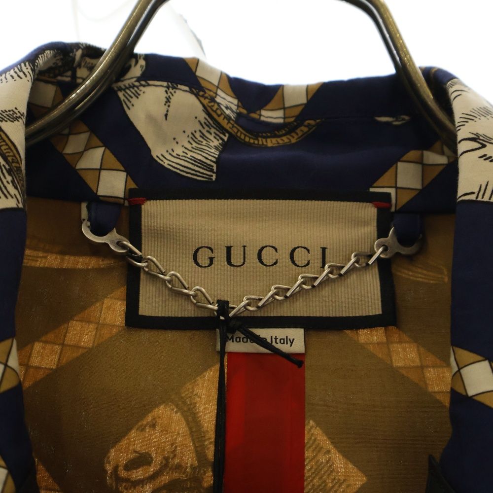 GUCCI グッチ レザースタッズ ライニングホースプリント ロングコート ジャケット ネイビー 716220 GUCCI (グッチ) レザースタッズ ライニングホースプリント ロング