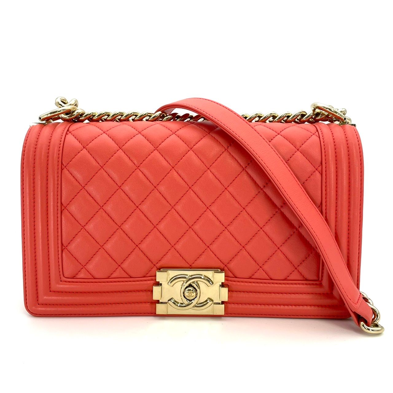 シャネル CHANEL ボーイシャネル ラムスキン コーラルオレンジ ゴールド金具 レザー チェーン ショルダーバッグ 7-5-660