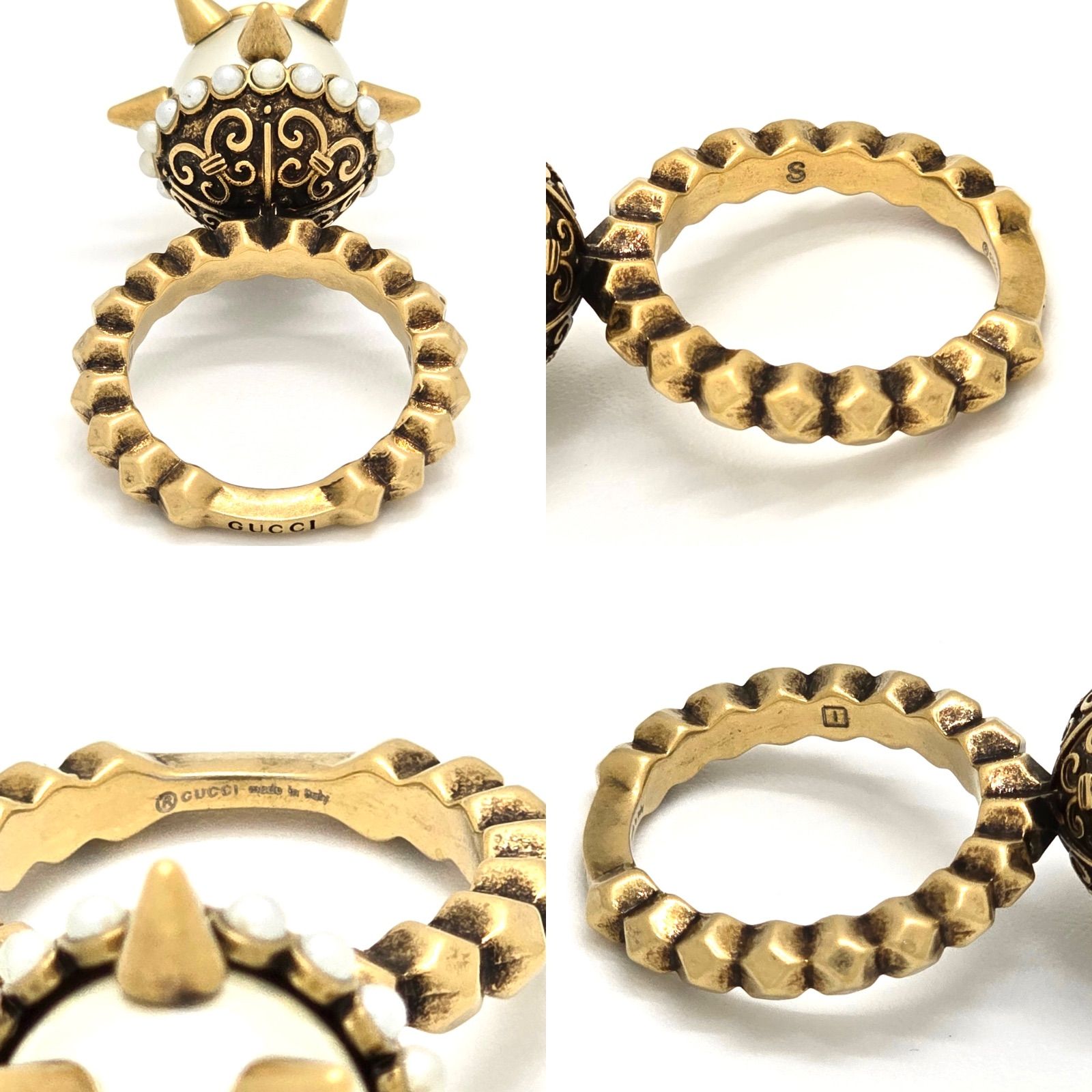 ひ*】様 GUCCI リング ダブルG グラスパール スタッズ ゴールド 美品 GUCCI グッチ 582608 ダブルG グラスパール スタッズ リング S 約13号