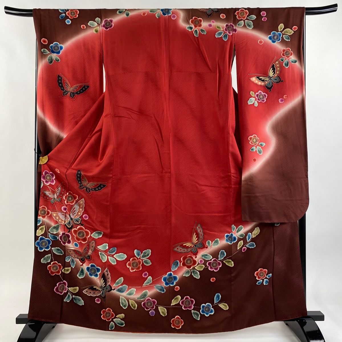 振袖 身丈164cm 裄丈67.5cm L 袷 蝶 桜 銀彩 赤 正絹 秀品