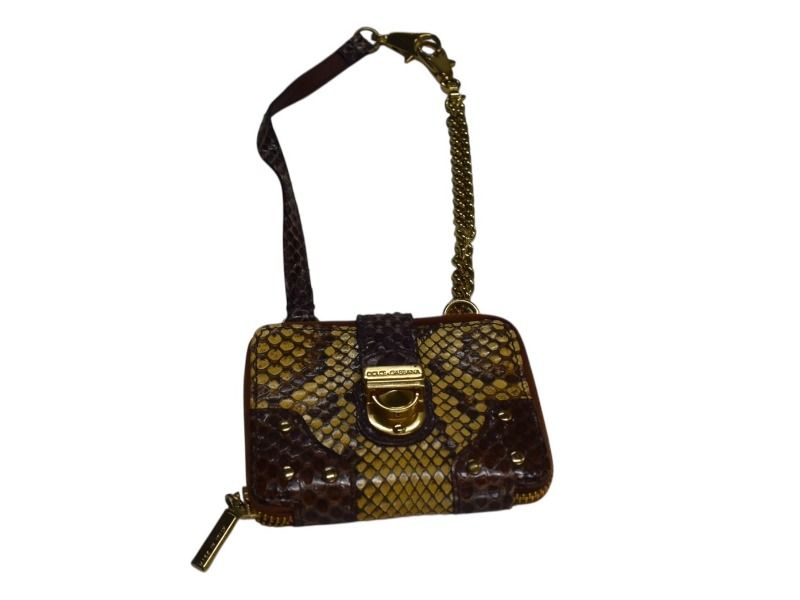 DOLCE-GABBANA ドルチェアンドガッバーナ ミラー付きリップケース ミニチャーム ブラウン パイソン レザー ゴールド金具 4b002126