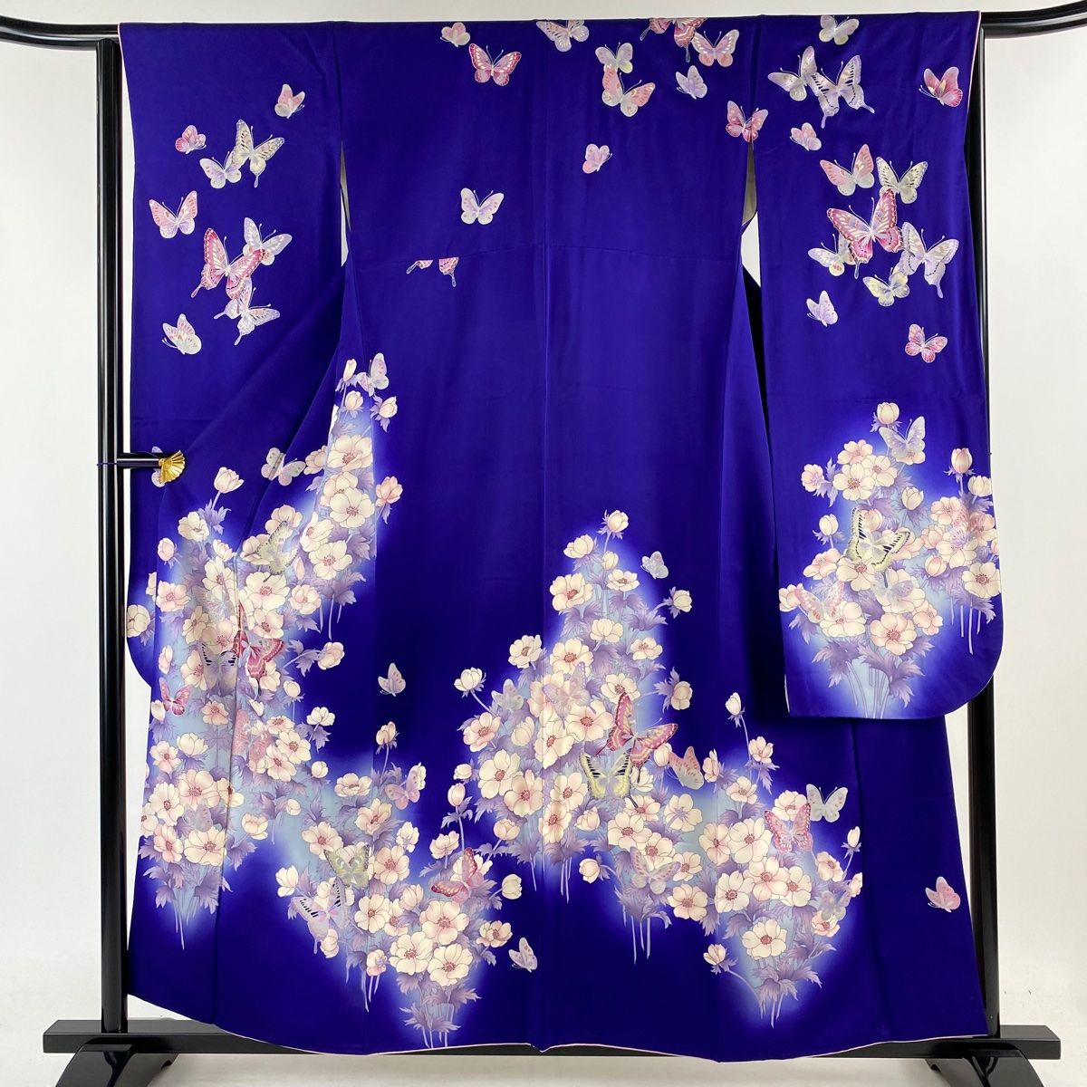 振袖 身丈157cm 裄丈63.5cm S 袷 森英恵 落款 蝶 草花 銀彩