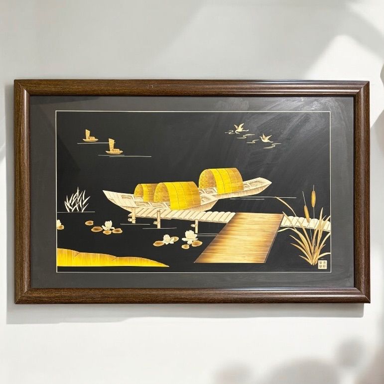 中国現地買入 架け橋 船 切り絵 貼り絵 中国 鳥 蓮 風景 額 版画 アート イラスト 美術品 中国雑貨 コレクション 骨董品 アンティーク