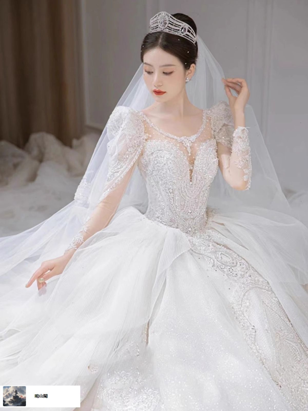 送料無料 2025秋冬 フレンチスタイル ウェディングドレス 長袖 大きなロングトレーン プリンセスライン 主役ドレス-8.13LYC680夏の新生活