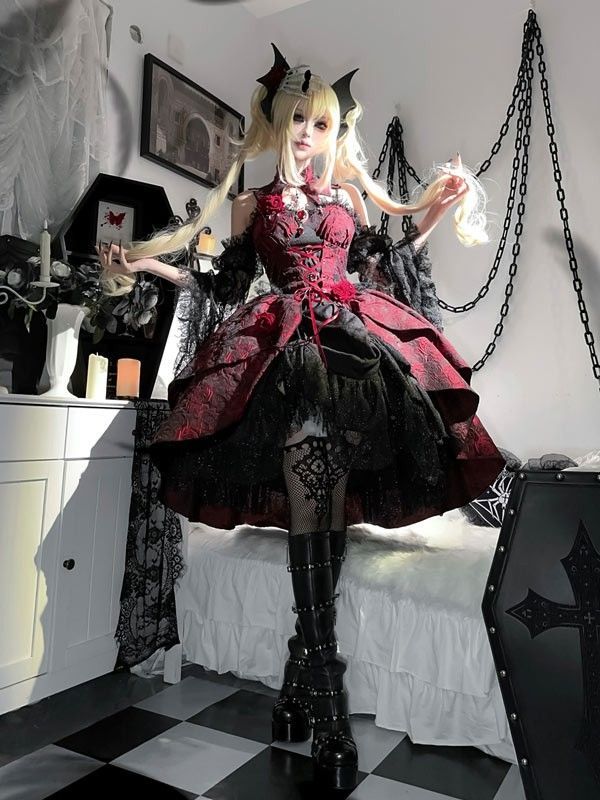 ワンピース ロリータ ハロウィン 魔女風 ウイッチ 魔法使い 悪魔 吸血鬼 ヴァンパイア ショート丈 ミニ レディース ゴスロリ 付け袖 長袖 レース コスチューム コスプレ 衣装 可愛い セクシー 日常 仮装 パーティ イベント ステージ 文化祭