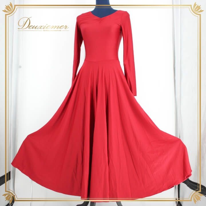 社交ダンス 衣装 スタンダード ドレス ワンピース レッスンウェア レディース オールシーズン レッド系 赤 無地 シンプル 派手 長袖 目立つ エレガント フォーマル ストレッチ フ ワイドスカート ダンス用 着心地抜群 ロング丈 発表会 衣装選び