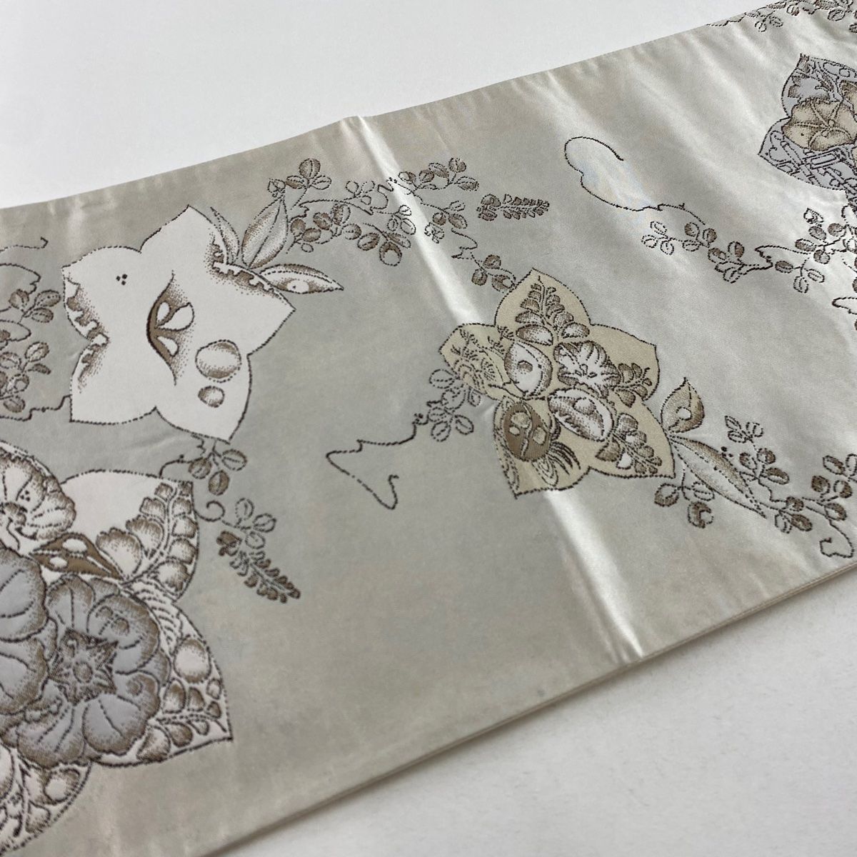 袋帯 名品 大脇一心 落款 辻が花 桔梗 箔 灰白 六通 正絹 【中古