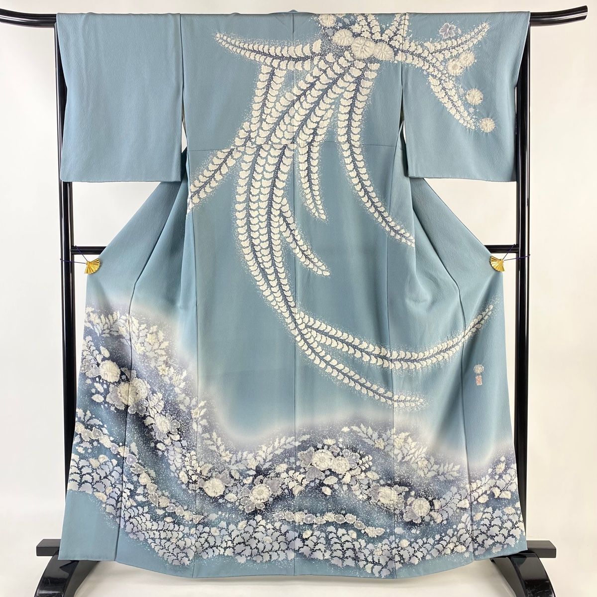 訪問着 身丈164cm 裄丈65cm M 袷 翠山工房 落款 辻が花 ぼかし 青灰色  