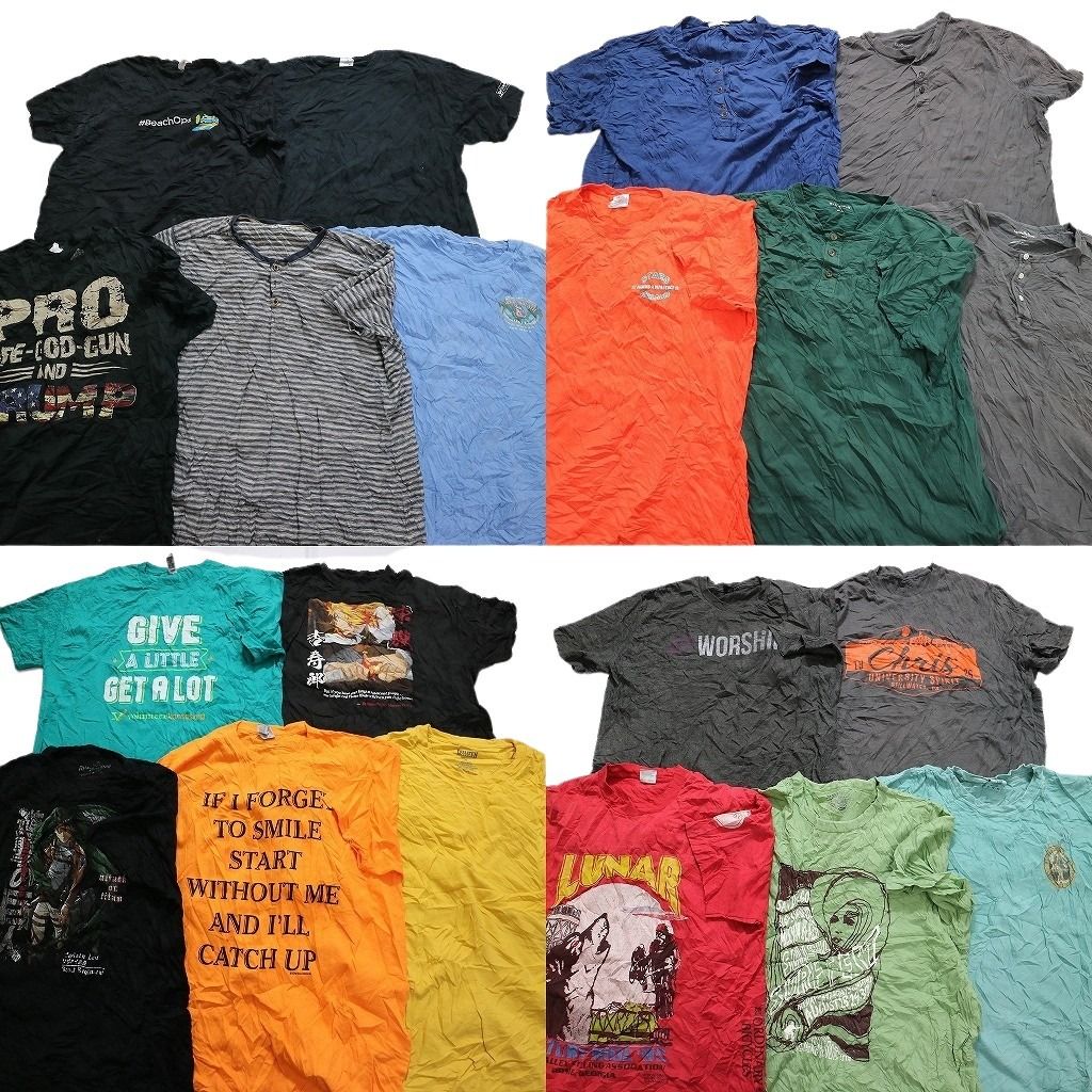 古着卸 まとめ売り カラーmix プリント 半袖Tシャツ 20枚セット (メンズ XL ) ボーダー アニメT 進撃の巨人 ヘンリーネック MU6193