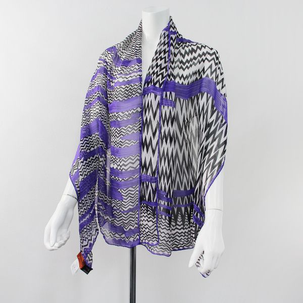 美品 MISSONI ミッソーニ 配色シルクストール F/パープル ブラック ホワイト【2400013288736】 美品 MISSONI ミッソーニ 配色シルクストール F/パープル ブラック