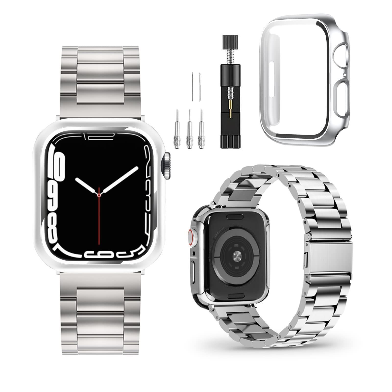【在庫セール】40mm Apple Watch Watch 用カバー Apple アップルウォッチ ケース 41mm メッキ柔軟性にPC素材を加工 44mm 光沢全面保護 耐衝撃 45mm 装着簡単金属ベルト 49mm Apple Watch バンド Seri