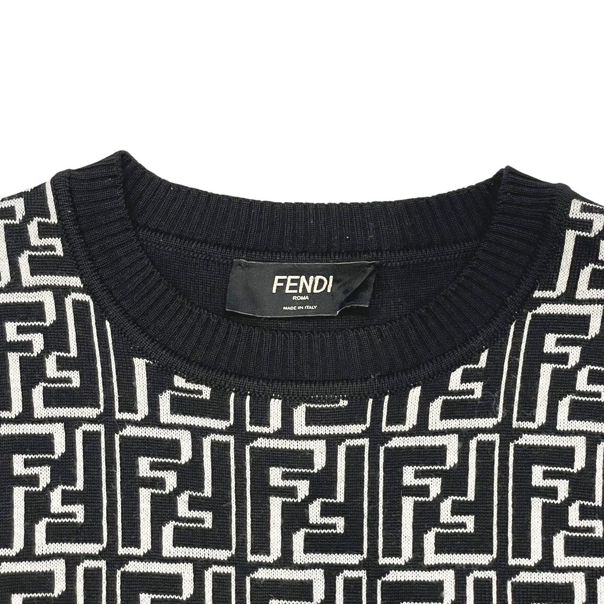 中古】 Fendi フェンディ FF柄長袖ニットセーター 白黒 クルーネック