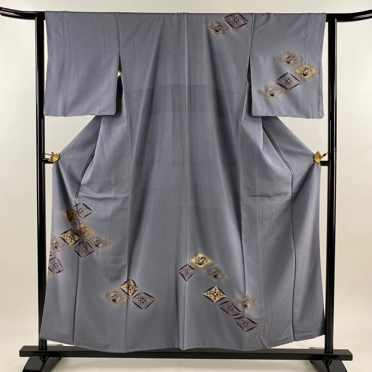 付下げ 身丈156cm 裄丈62cm S 袷 向かい鳥 花菱 刺繍 金糸 青灰色 正絹 秀品