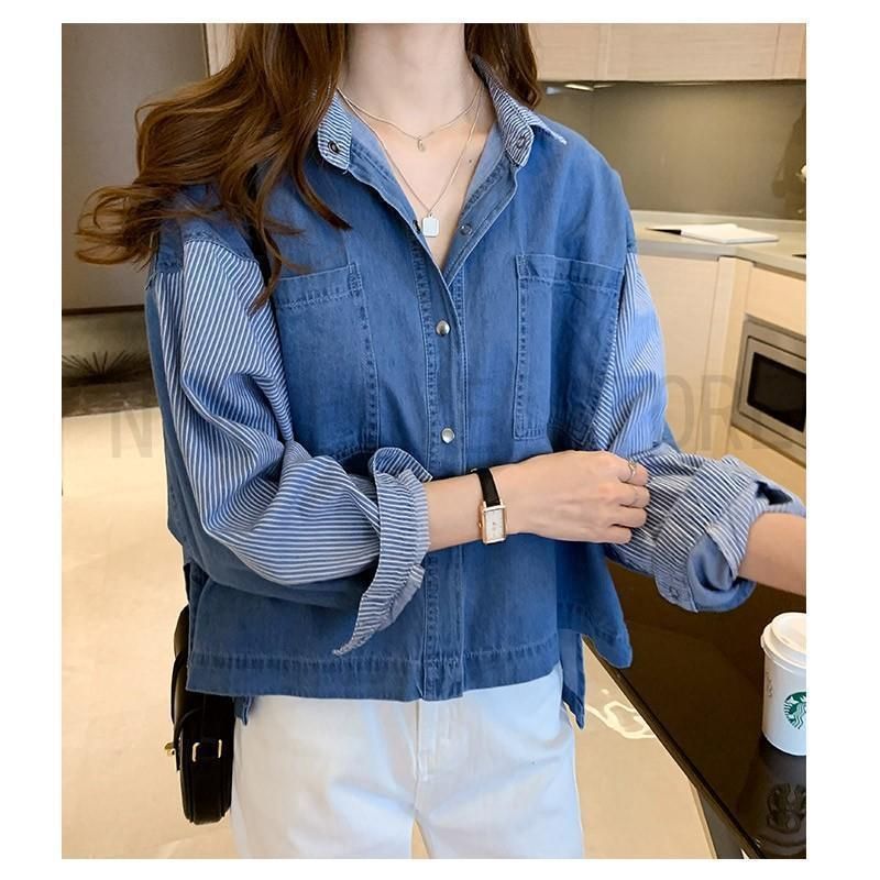 デニム風シャツ レディース 異素材切替 シャツブラウス カジュアル 長袖シャツ 春服 胸ポケット付き トップス 羽織り おしゃれ ゆったり デニム風シャツ レディース 異素材切替 シャツブラウス