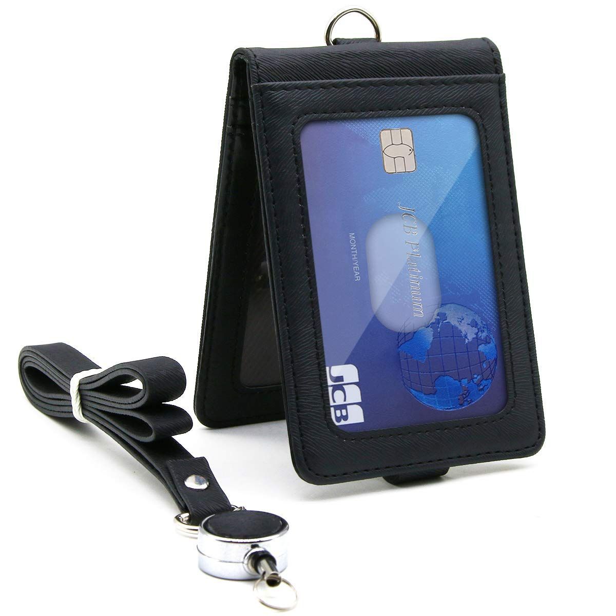 [Ａｅｍｉｃｉｏｎ] 定期入れ IDカードホルダー パスケース ネームホルダー icカードケース リール/クリップストラップ付き 革 レザー 二面 メンズ レディース 通勤 通学 ブラック