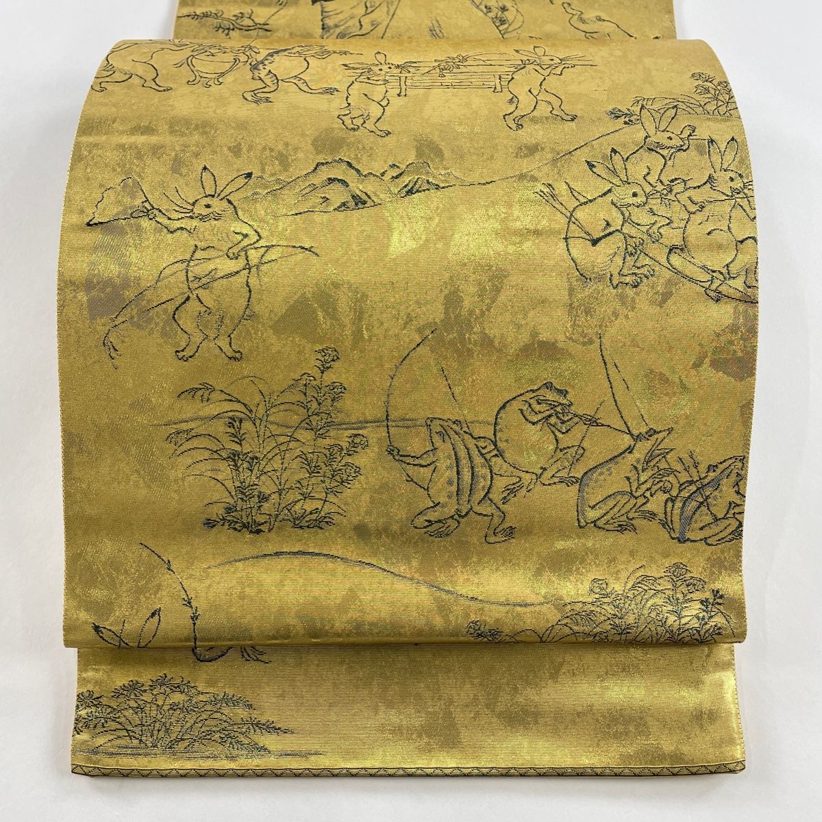 袋帯 鳥獣戯画 草花 箔 金色 六通 正絹