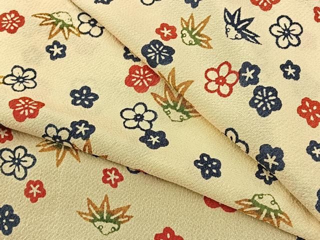 平和屋着物○上質な小紋 型染め 藍 花鳥文 鬼しぼ縮緬 正絹