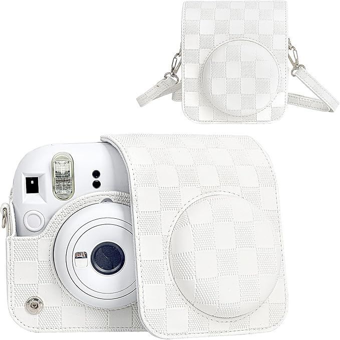 HIYQIN 「立体テクスチャーシリーズ」チェキ mini12 ケース、instax mini 12ケース Fujifilm チェキ12カバー チェキ mini 12カメラケース ショルダーストラップ付き PUレザー - グリッド（ホワイト