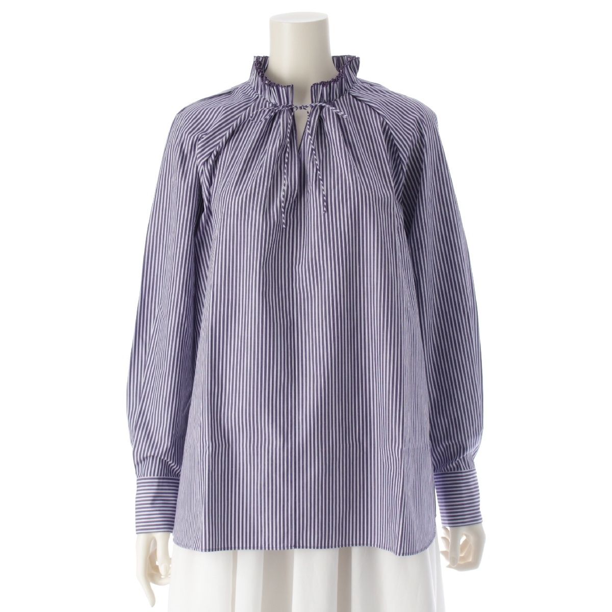 ドゥロワー 22AW winter1 コットン ストライプ フリル ブラウス シャツ トップス 6511-299-1031 ホワイト×パープル 36【】