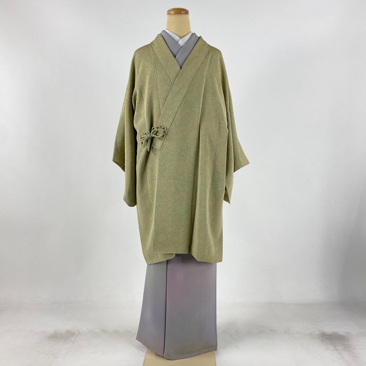 道中着 身丈94cm 裄丈63.5cm S 和装コート 着物衿 牡丹 ベージュ 正絹 秀品