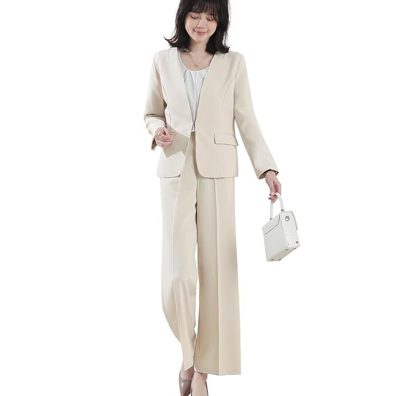 Yino イノ スーツ レディース セットアップ パンツスーツ 2点セット ジャケット＋ワイドパンツ 体型カバー 洗える 着?せ おしゃれ 女性らしい ママ 通勤 入学式 卒業式 面接 通年 1
