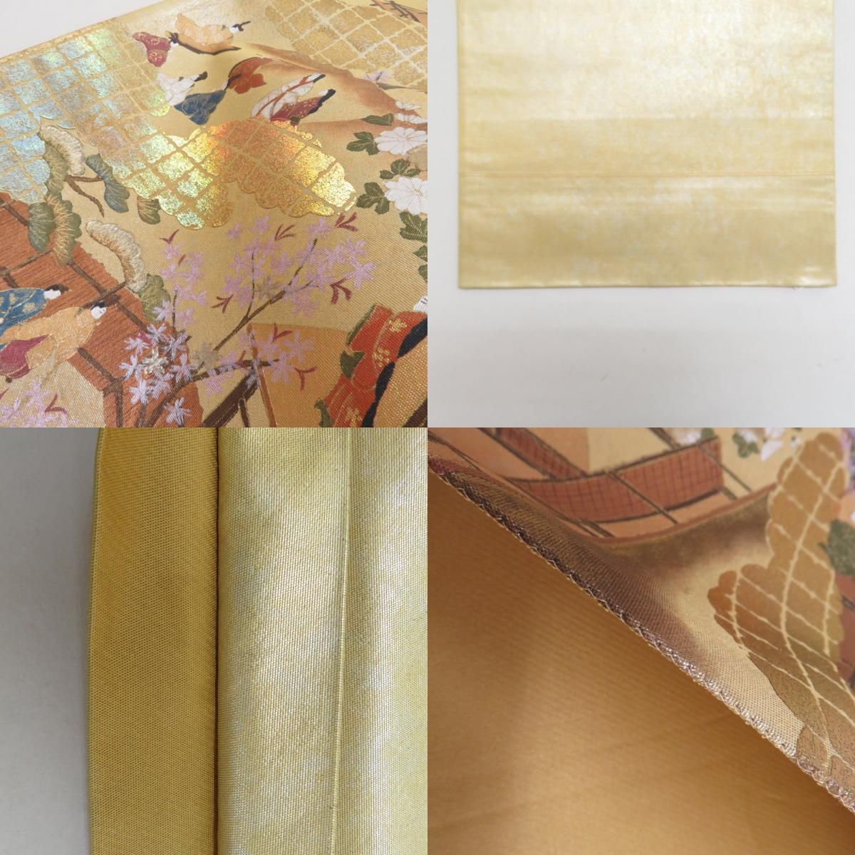袋帯 平安絵巻文様 金糸 箔入り 金色x多色 六通柄 お太鼓柄 正絹