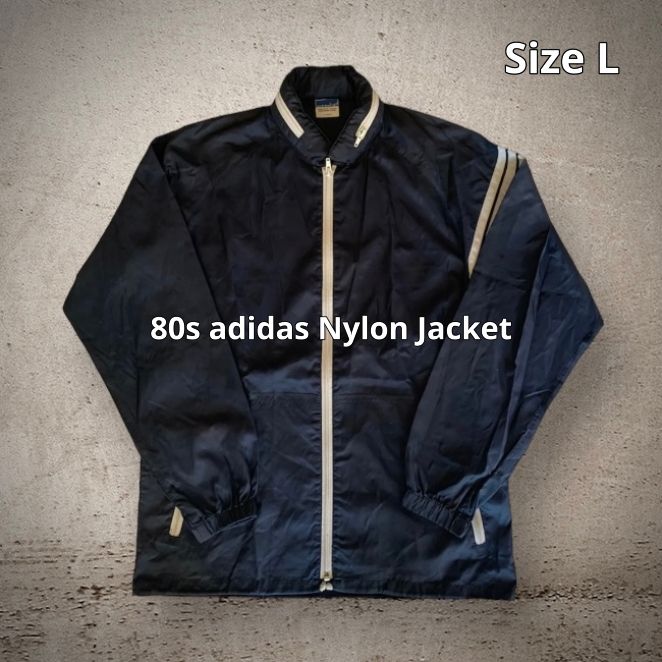 80s ADIDAS NYLON JACKET ナイロンジャケット　ネイビー袖丈79cmエリから袖