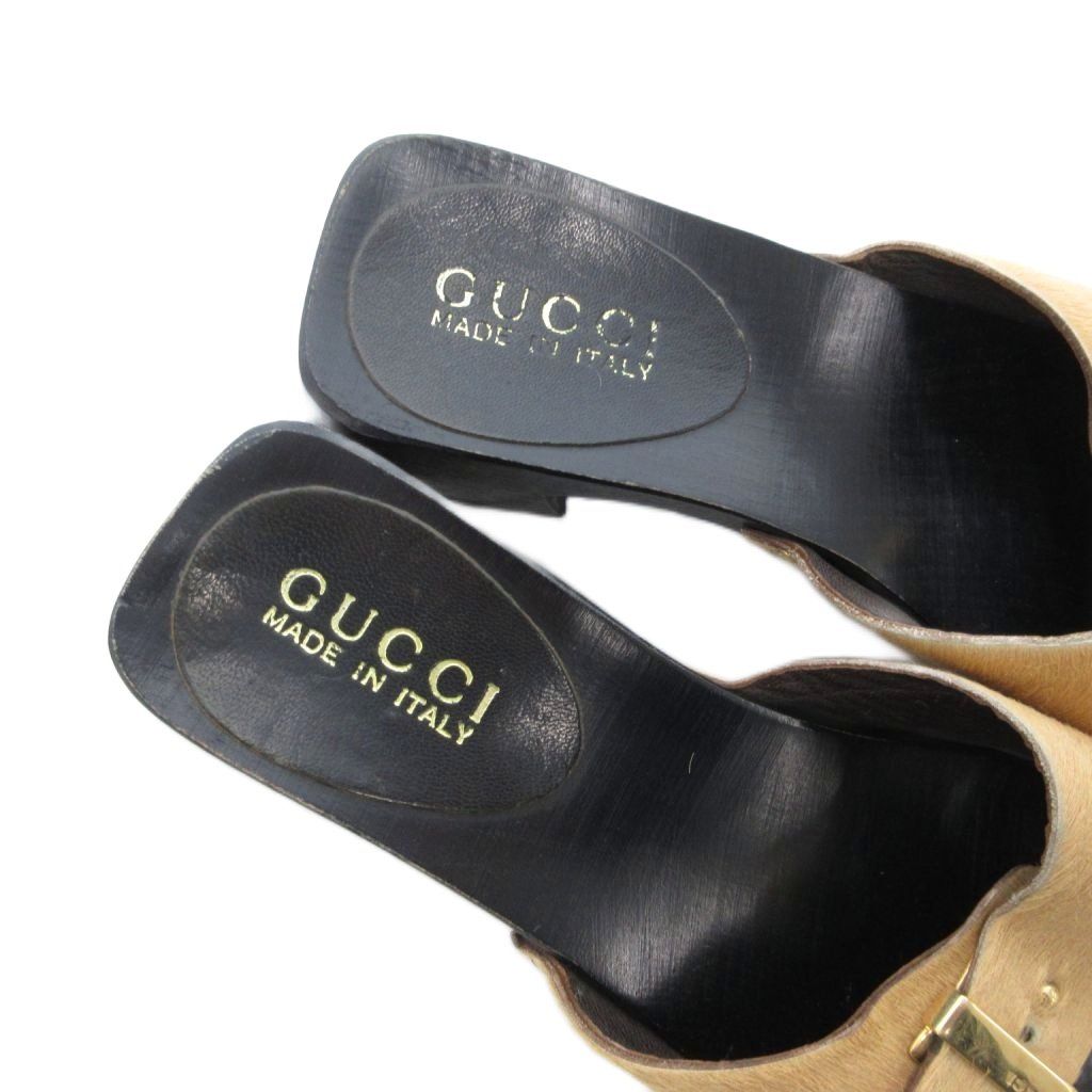  グッチ GUCCI コンフォートサンダル ハラコ ロゴ ヒール 36.5 黒 ブラック JS GY 18 サンダル サンダル ミュール