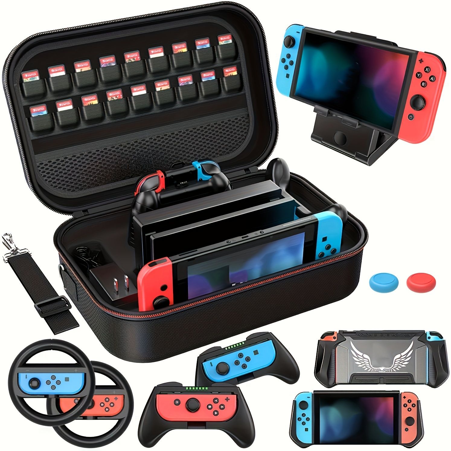 Nintendo Switch用キャリングケース 12in 1アクセサリー付きブラックスイッチ特大バッグ ブラケット 小さなハンドル ブラックステアリングホイールなどが含まれています
