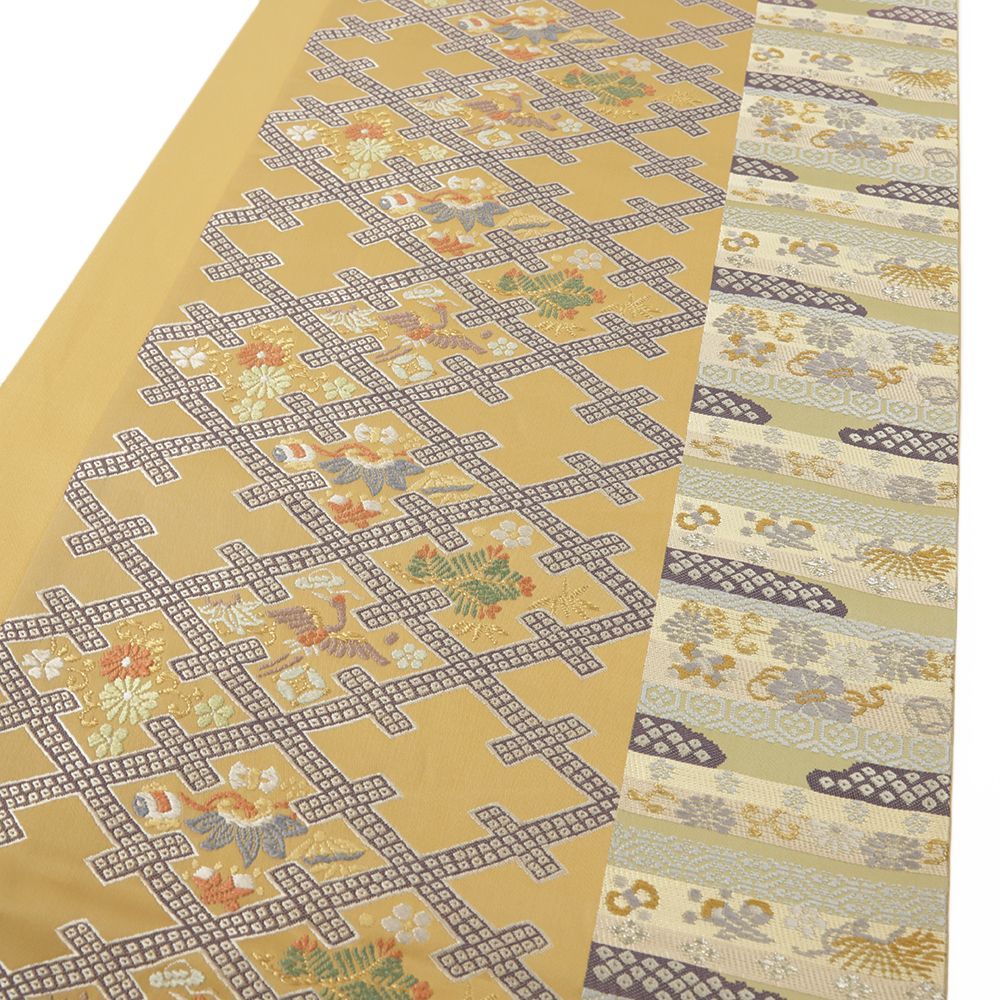 袋帯 中古 宝尽くし フォーマル リサイクル 黄色 黄土色 金 菱 鳳凰 松