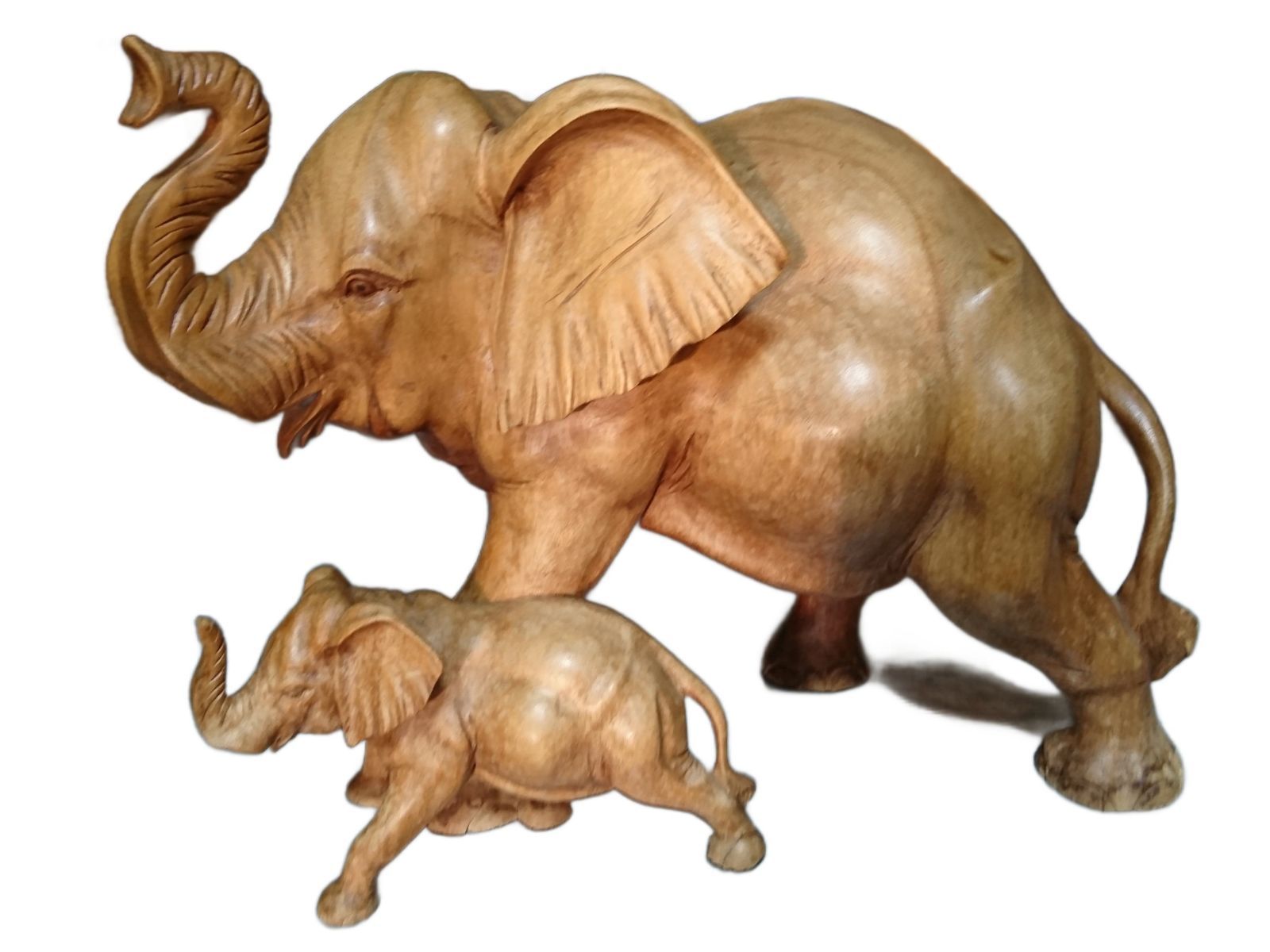 流木アート・一点物】象の親子 彫刻｜天然流木一木造り／ニス仕上げ